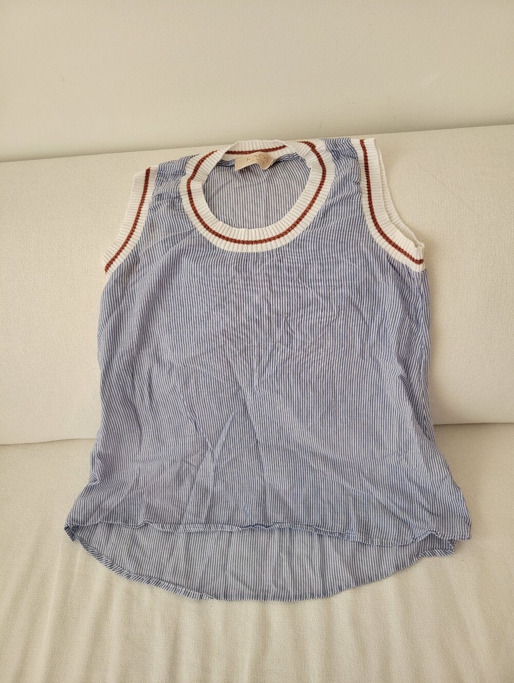Kaos Jeans Striped Sleeveless Knit-Trim Top in Blue and White